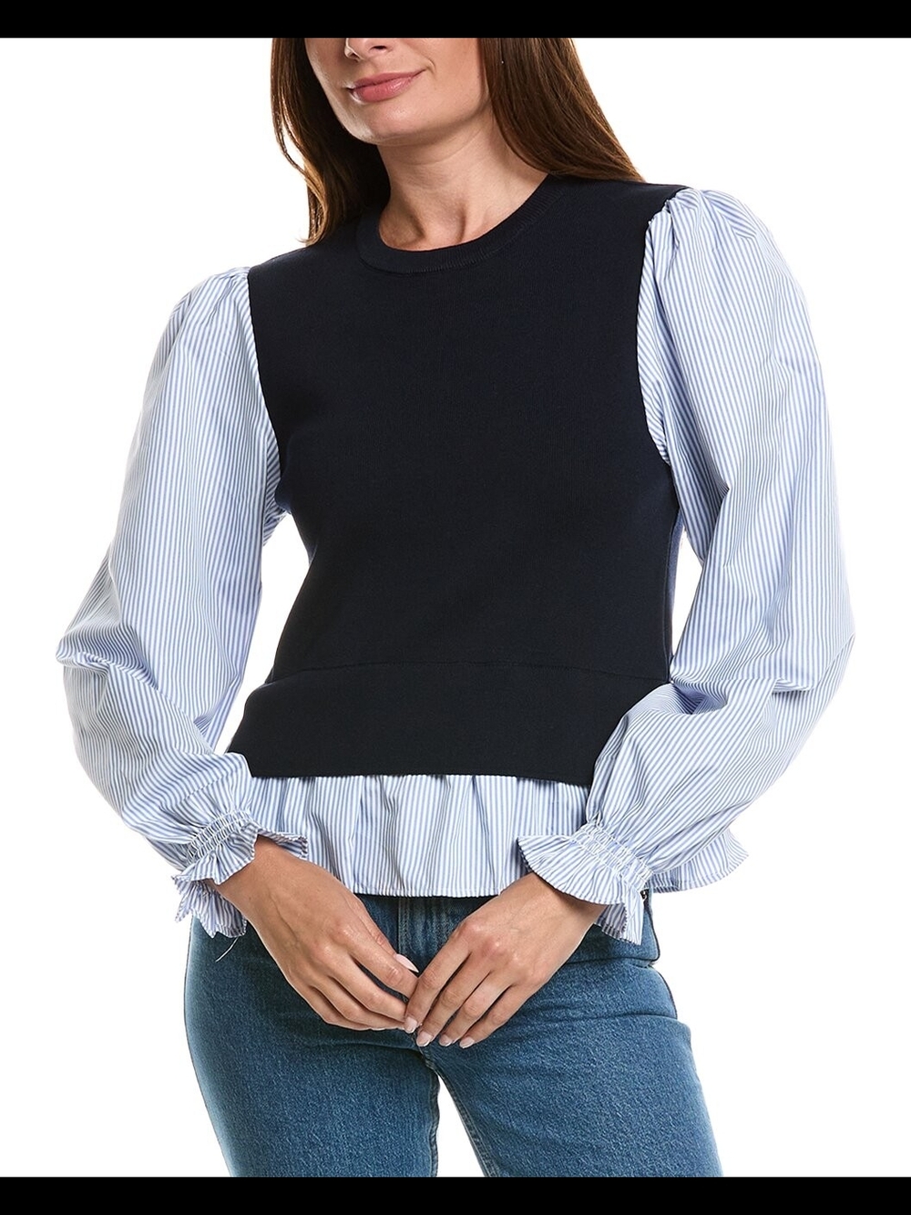 Nanette Lepore Navy Knit Bodice with Light Blue Pinstripe Puff Sleeves